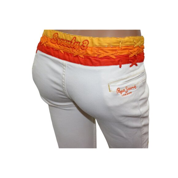 Vintage Y2K Mid Rise Pepe Jeans 73 White Skinny Pants Retro Patch Size 27 - Picture 6 of 9